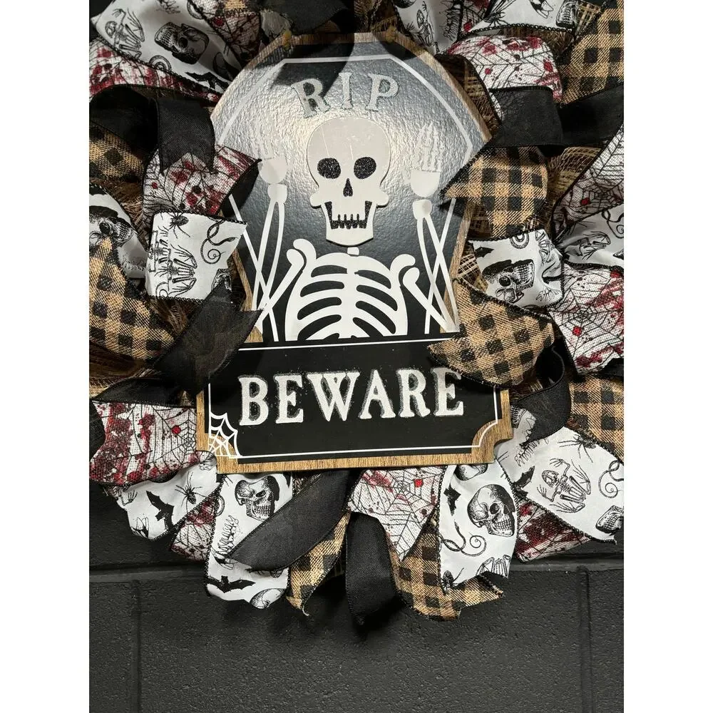 Halloween Wreath~Rustic Brown, Black, White Skeletons~Large~Front Door~Handmade